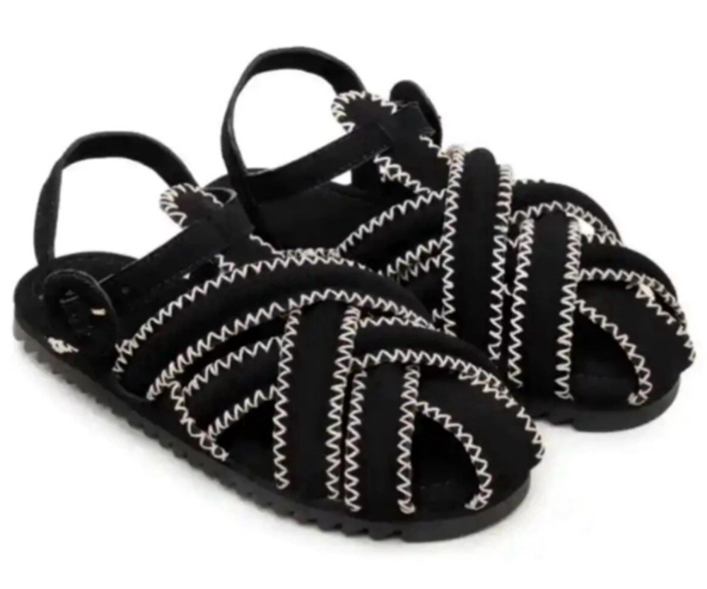 Farm Rio Suede Slip On Zig Zag Stitch Slingback Sandals Black White Women's US 6